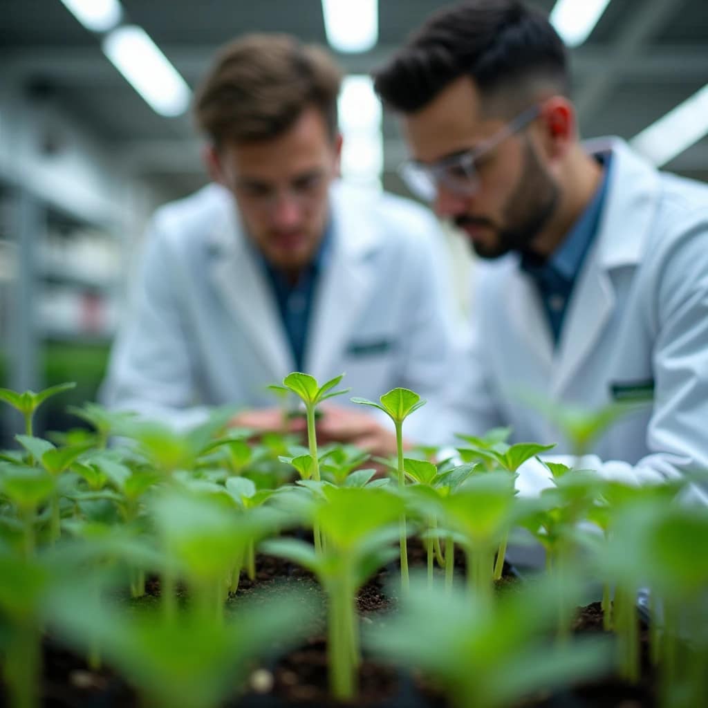agricultural chemists Two scientists in lab coats examine young green plants growing in soil inside a laboratory, highlighting the role of chemistry careers in plant research and innovation. The focus is on the seedlings thriving in the foreground.