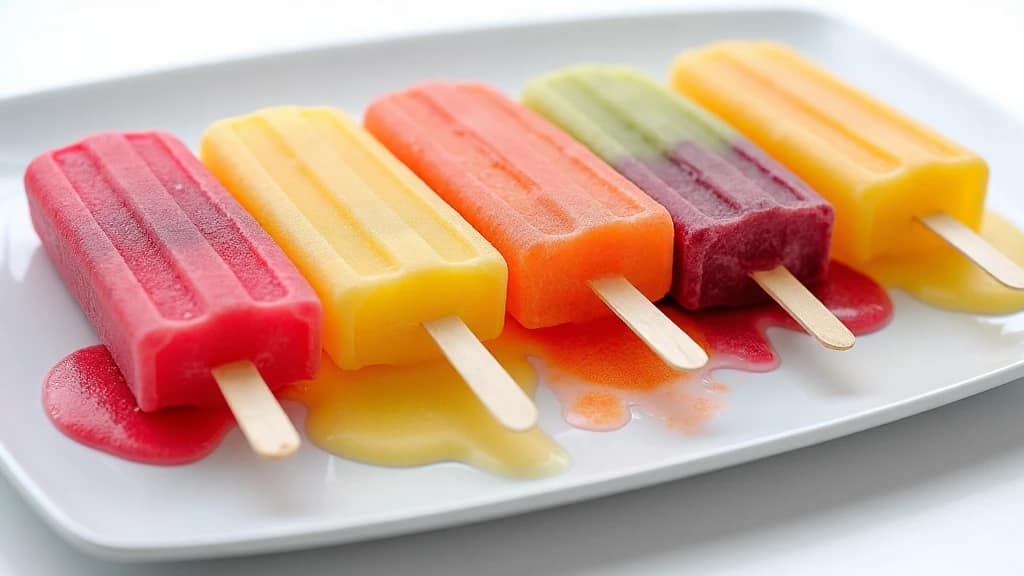 Chemistry at home group of ice lollies melting Five colorful popsicles in various fruit flavors are melting on a white plate, showcasing the change from solid to liquid as small pools of juice form around them.