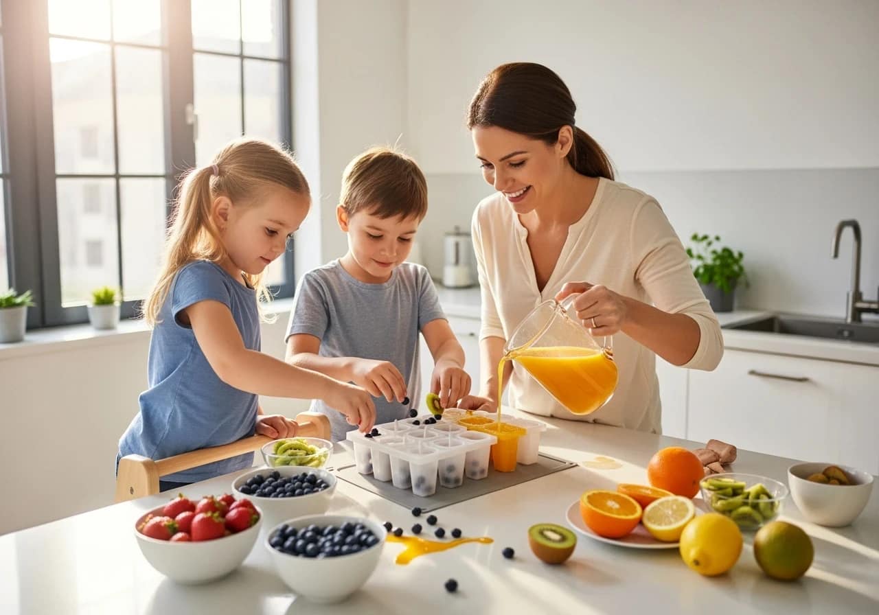 Chemistry in the Kitchen Making Ice Lollies A woman and two children make fruit ice pops in a bright kitchen, exploring chemistry in the kitchen as they pour orange juice into molds and discuss why ice lollies melt. Bowls of fresh fruit sit on the table.