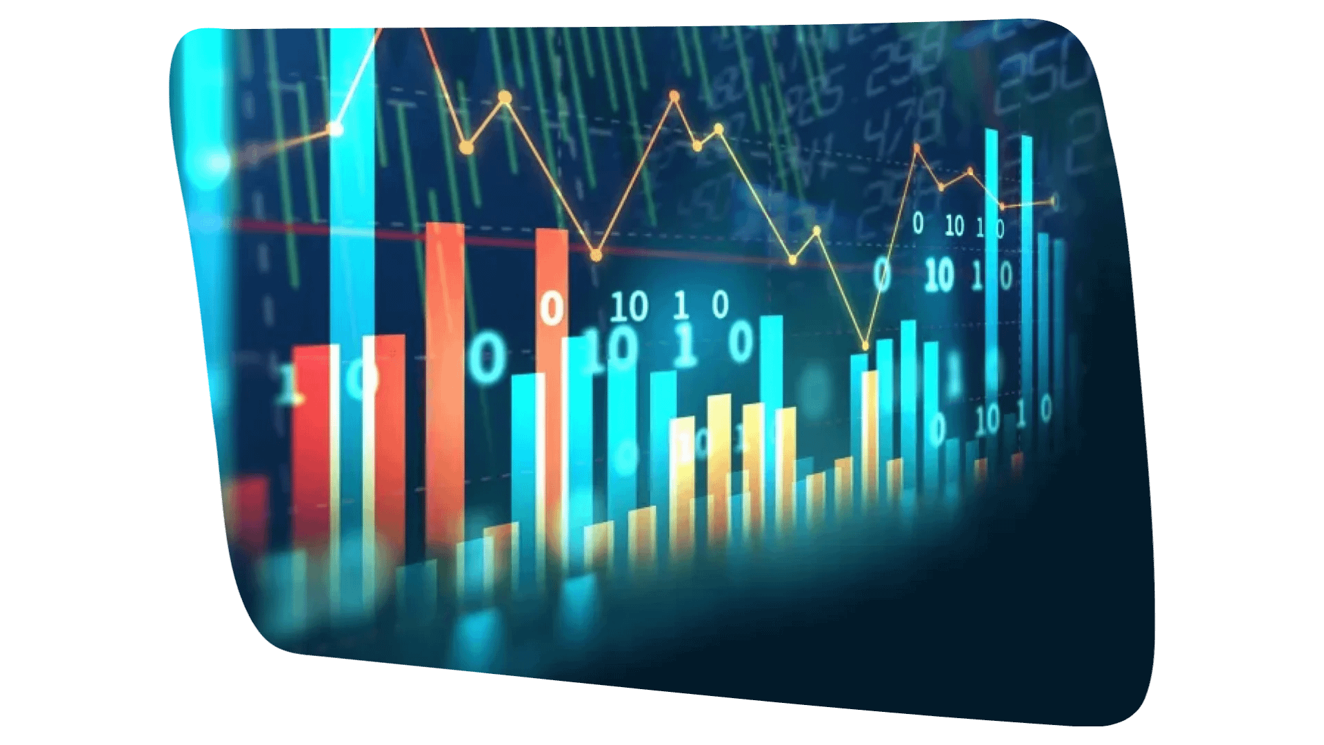 Data analytics (16_9) 1920x1080 px A digital chart displays colorful bar graphs and line graphs with binary numbers, representing data analysis for financial or chemistry careers.