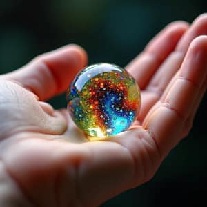 atom nucleus density A hand holds a glass marble filled with swirling, colorful patterns, reminiscent of an atom nucleus an essential part of the structure of an atom, set against a dark, blurred background.