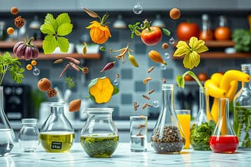 A variety of colorful fruits, vegetables, and herbs float above glass beakers and jars on a kitchen counter, showcasing the chemistry of cooking.