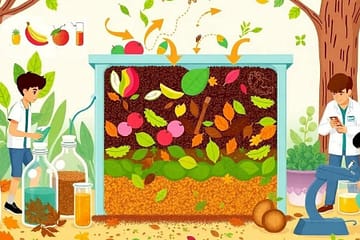 Illustrated composting process with diverse organic materials, highlighting the science of compost. Children observe, take notes, and examine samples under a microscope. Trees and bottles with samples are in the background.