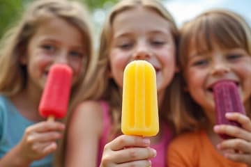Three children enjoy colorful ice lollies outdoors, with one in the center holding a yellow popsicle closer to the camera, showing how ice lollies melt from solid to liquid in the sun.