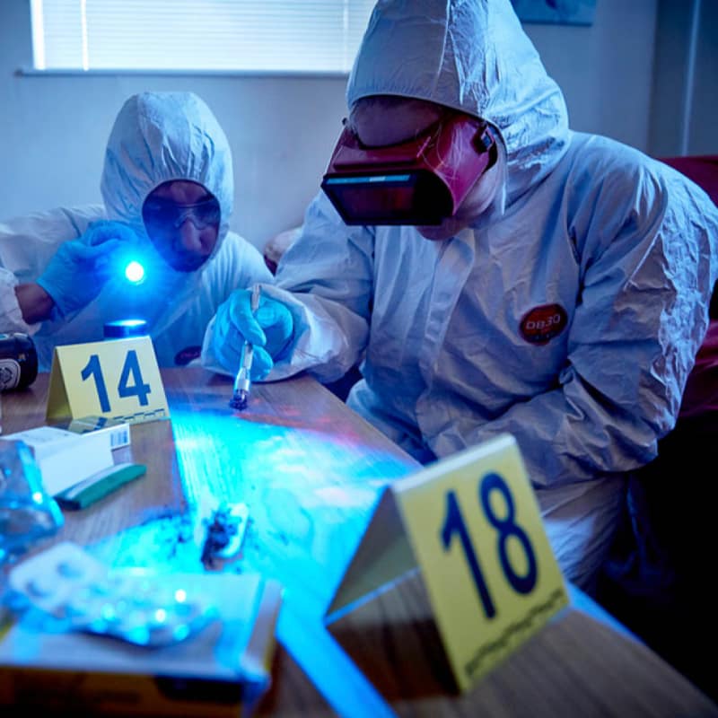 Forensic Chemistry 800x800 px Two forensic investigators in protective suits examine evidence under blue light at a crime scene, with numbered markers 14 and 18 on a table—highlighting how chemistry careers play a vital role in unveiling crucial details.