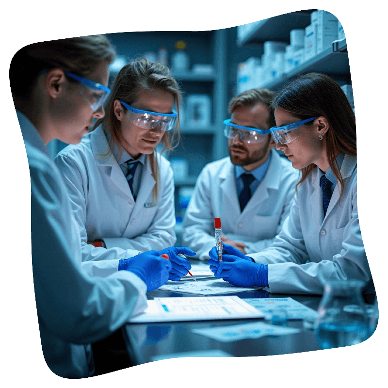communication skills 800x800 px Four scientists in lab coats and safety glasses review documents and a test tube at a laboratory table, demonstrating strong communication skills essential for successful chemistry careers amid scientific equipment and supplies.
