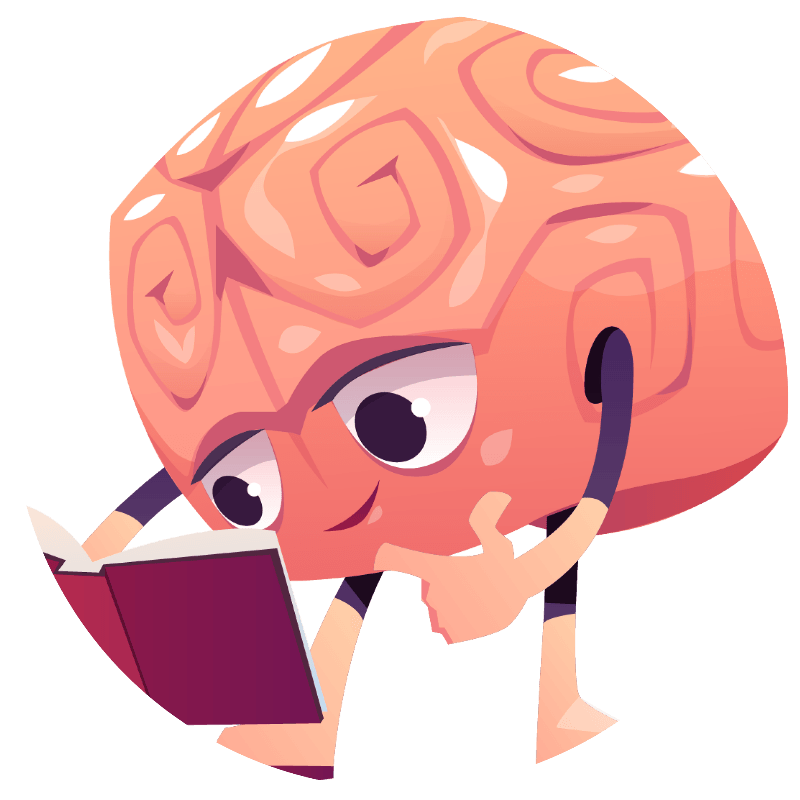critical thinking Cartoon brain with arms and legs is reading a book, appearing deep in thought as it practises critical thinking.