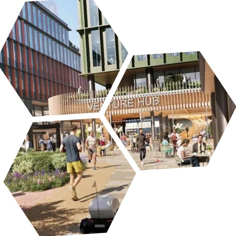 venture hub800x800 px A modern outdoor plaza with people walking, sitting, and socializing in front of a building labeled "Venture Hub," a vibrant space fostering innovation in cancer research hub initiatives and chemistry careers.