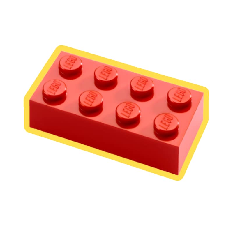 A red LEGO brick with eight studs, outlined in yellow against a white background, resembles the building blocks of matter—just as atoms form the atomic structure at the core of everything.
