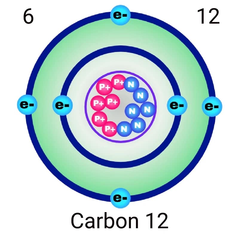 Carbon12 800x800 px Diagram of a carbon-12 isotope showing basic atomic structure: 6 protons and 8 neutrons in the nucleus, with 6 electrons orbiting in two shells, labeled with atomic and mass numbers.