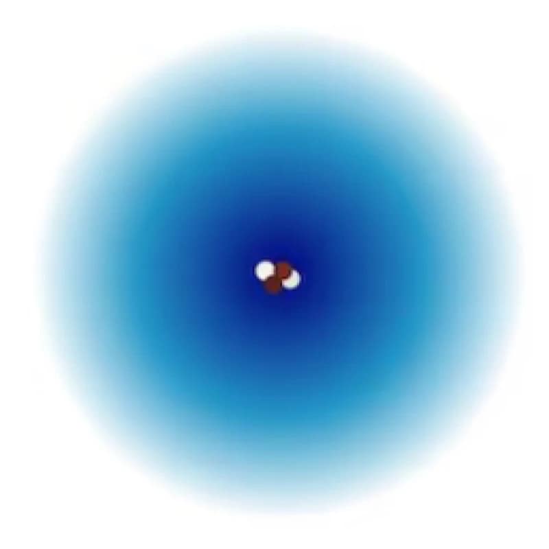 Schrodinger cloud 800x800 px A visual representation of basic atomic structure, depicting a hydrogen atom’s central nucleus encircled by a diffuse blue electron cloud as described by the Schrodinger model.